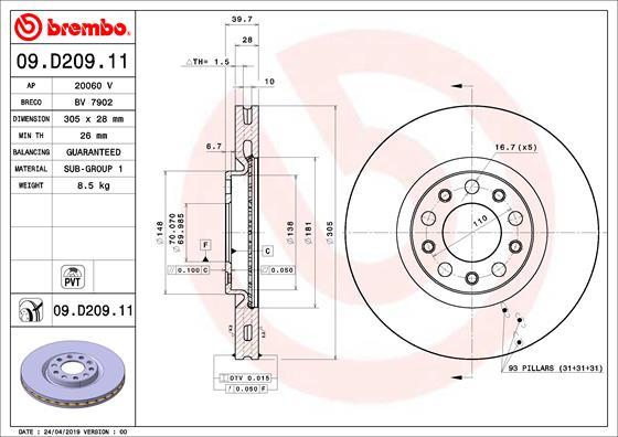 Brembo 09.D209.11 - Bremžu diski adetalas.lv