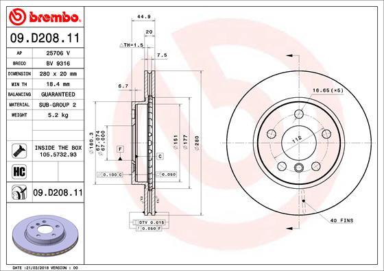 Brembo 09.D208.11 - Bremžu diski adetalas.lv