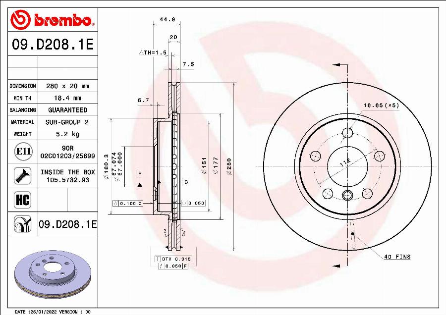 Brembo 09.D208.1E - Bremžu diski adetalas.lv