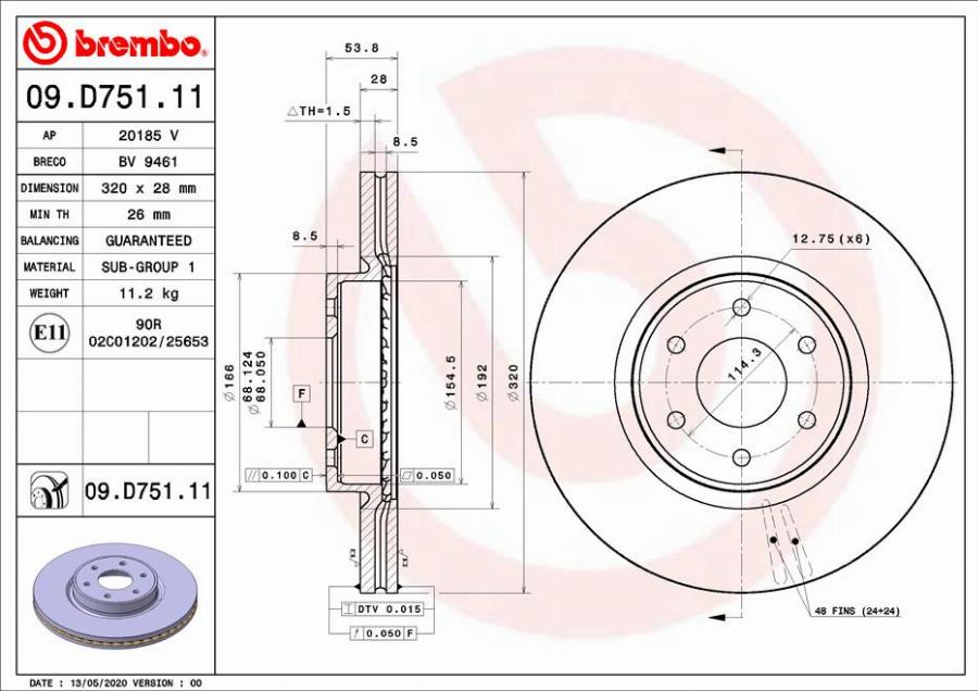 Brembo 09.D751.11 - Bremžu diski adetalas.lv