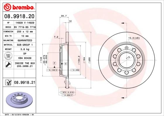 Brembo 08.9918.21 - Bremžu diski adetalas.lv