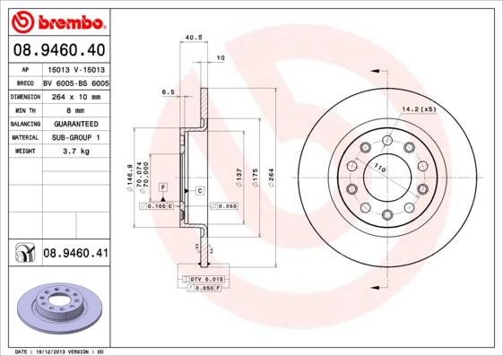 Brembo 08.9460.41 - Bremžu diski adetalas.lv