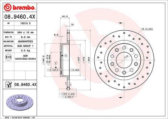 Brembo 08.9460.4X - Bremžu diski adetalas.lv