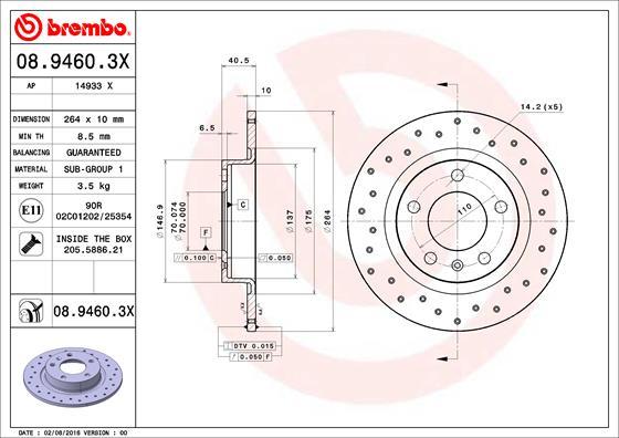 Brembo 08.9460.3X - Bremžu diski adetalas.lv