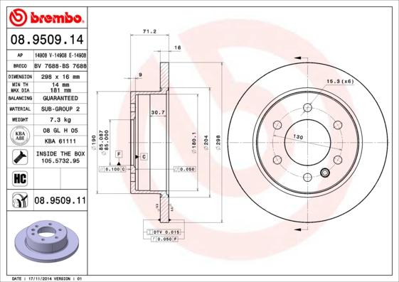 Brembo 08.9509.14 - Bremžu diski adetalas.lv