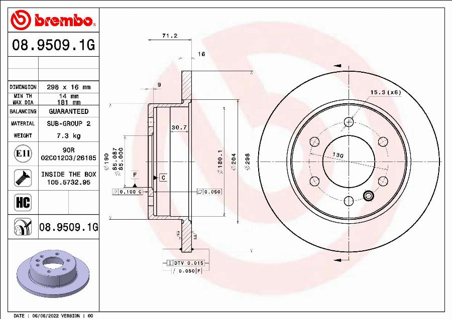 Brembo 08.9509.1G - Bremžu diski adetalas.lv