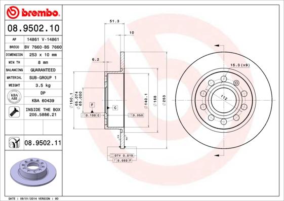 Brembo 08.9502.11 - Bremžu diski adetalas.lv