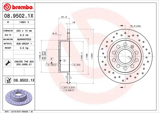 Brembo 08.9502.1X - Bremžu diski adetalas.lv