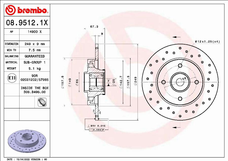 Brembo 08.9512.1X - Bremžu diski adetalas.lv