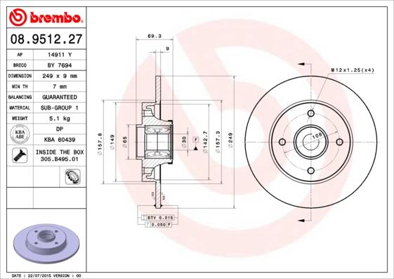 Brembo 08.9512.27 - Bremžu diski adetalas.lv