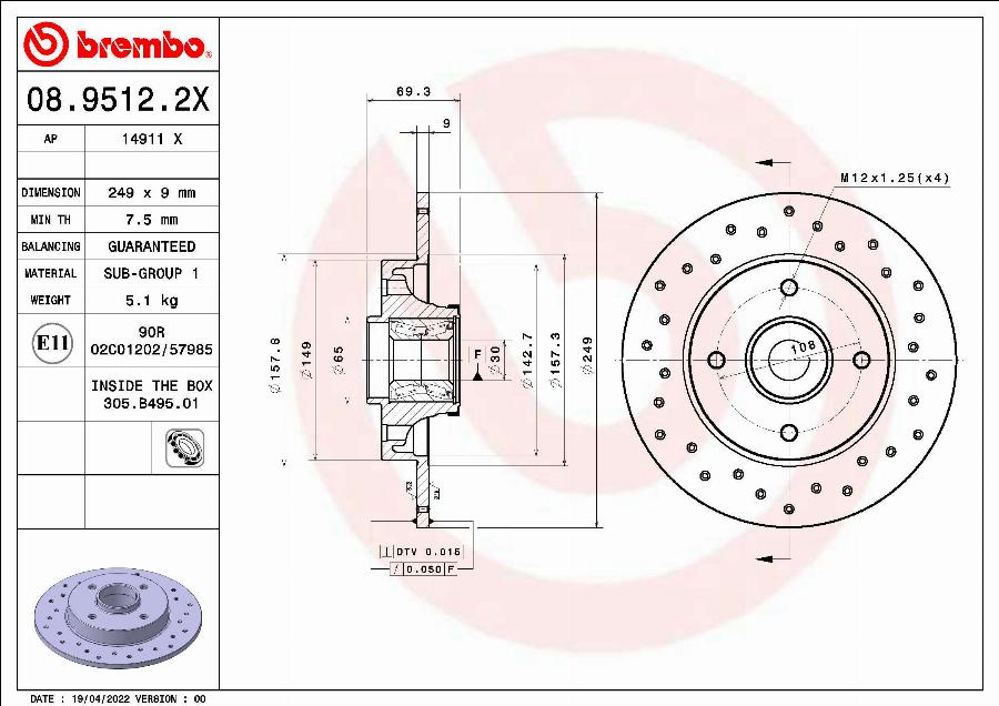 Brembo 08.9512.2X - Bremžu diski adetalas.lv