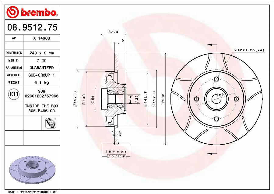 Brembo 08.9512.75 - Bremžu diski adetalas.lv