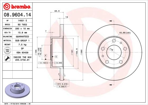 Brembo 08.9604.14 - Bremžu diski adetalas.lv