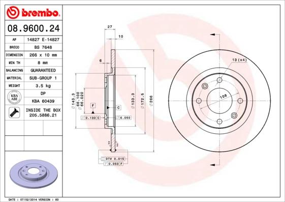 Brembo 08.9600.24 - Bremžu diski adetalas.lv