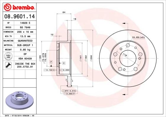 Brembo 08.9601.14 - Bremžu diski adetalas.lv