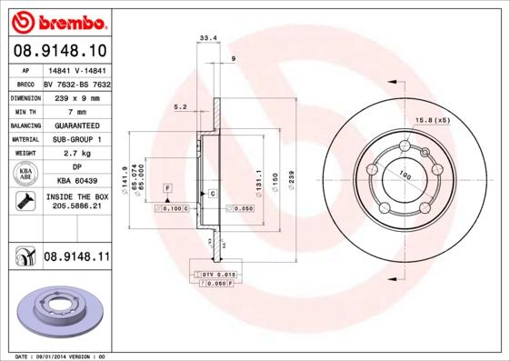 Brembo 08.9148.10 - Bremžu diski adetalas.lv