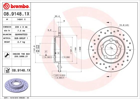 Brembo 08.9148.1X - Bremžu diski adetalas.lv