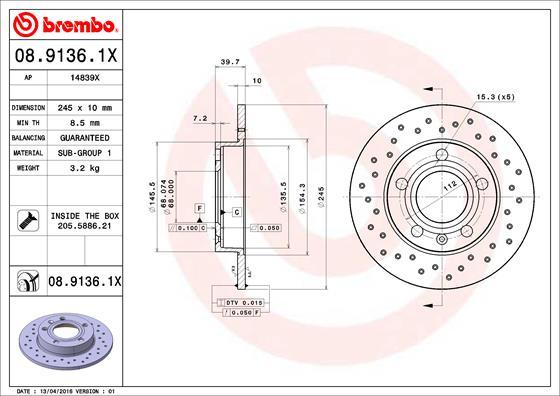 Brembo 08.9136.1X - Bremžu diski adetalas.lv