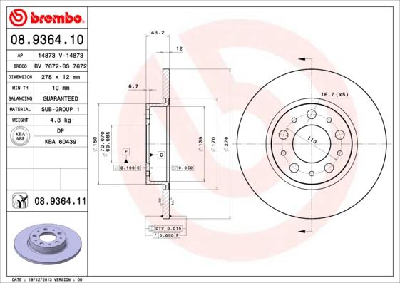 Brembo 08.9364.11 - Bremžu diski adetalas.lv