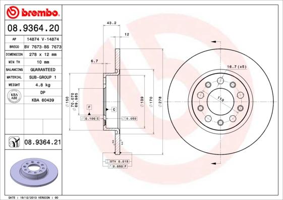 Brembo 08.9364.21 - Bremžu diski adetalas.lv