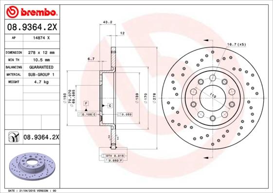 Brembo 08.9364.2X - Bremžu diski adetalas.lv