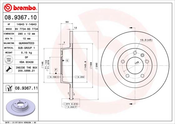 Brembo 08.9367.10 - Bremžu diski adetalas.lv