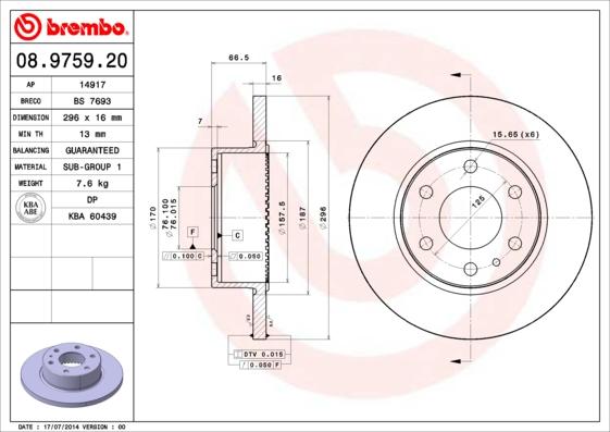 Brembo 08.9759.20 - Bremžu diski adetalas.lv