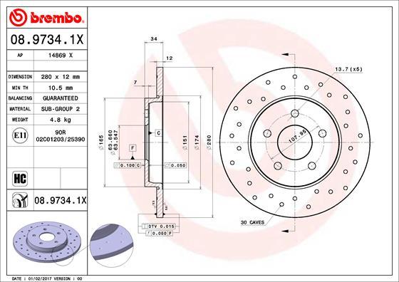 Brembo 08.9734.1X - Bremžu diski adetalas.lv