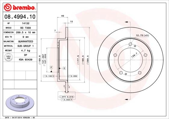 Brembo 08.4994.10 - Bremžu diski adetalas.lv