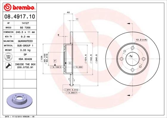 Brembo 08.4917.10 - Bremžu diski adetalas.lv