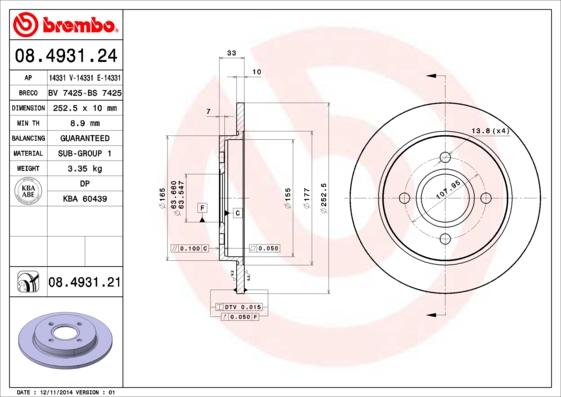 Brembo 08.4931.21 - Bremžu diski adetalas.lv