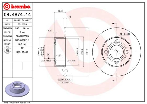 Brembo 08.4874.14 - Bremžu diski adetalas.lv