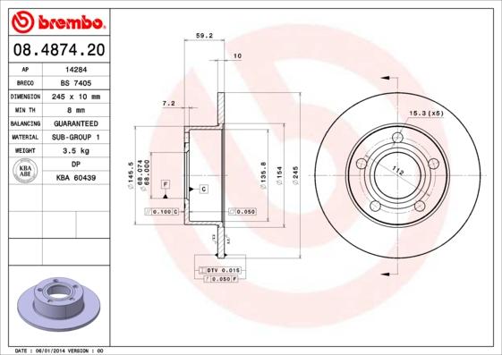 Brembo 08.4874.20 - Bremžu diski adetalas.lv