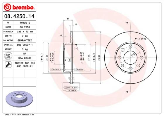 Brembo 08.4250.14 - Bremžu diski adetalas.lv