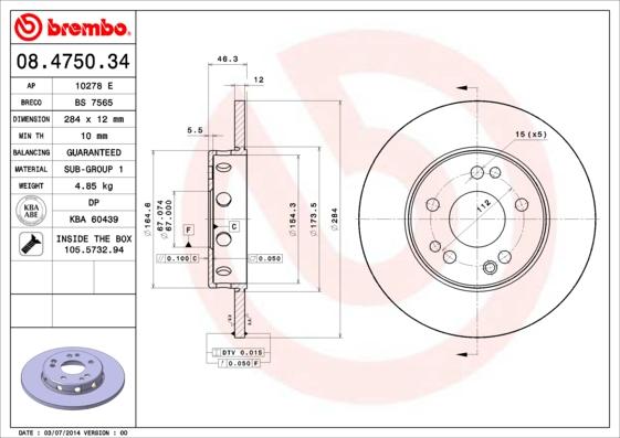 Brembo 08.4750.34 - Bremžu diski adetalas.lv