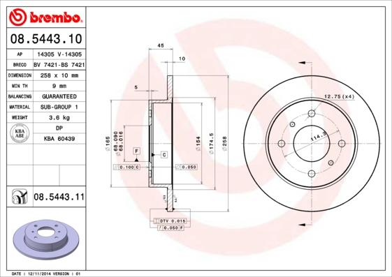 Brembo 08.5443.10 - Bremžu diski adetalas.lv