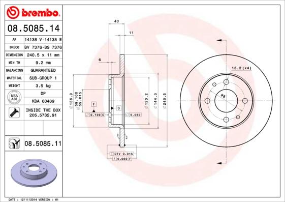 Brembo 08.5085.11 - Bremžu diski adetalas.lv