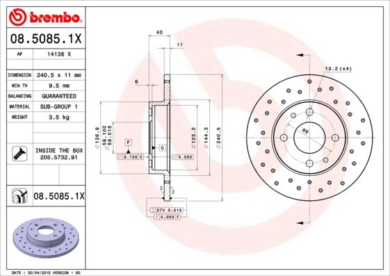 Brembo 08.5085.1X - Bremžu diski adetalas.lv