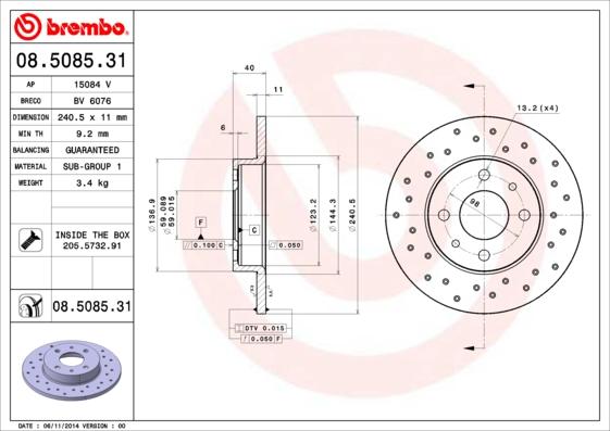 Brembo 08.5085.31 - Bremžu diski adetalas.lv