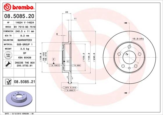 Brembo 08.5085.20 - Bremžu diski adetalas.lv