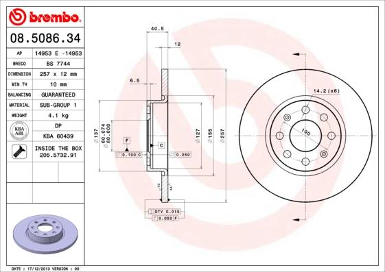 Brembo 08.5086.34 - Bremžu diski adetalas.lv