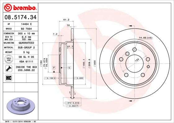 Brembo 08.5174.34 - Bremžu diski adetalas.lv