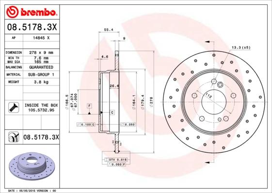 Brembo 08.5178.3X - Bremžu diski adetalas.lv