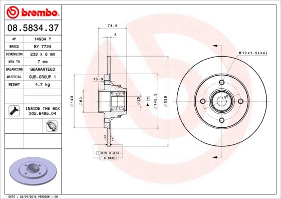 Brembo 08.5834.37 - Bremžu diski adetalas.lv