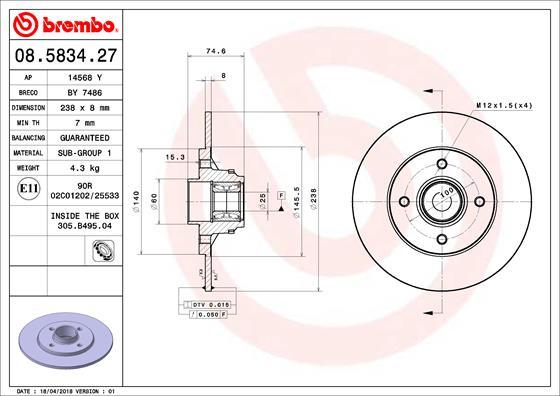 Brembo 08.5834.27 - Bremžu diski adetalas.lv