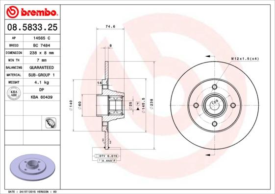 Brembo 08.5833.25 - Bremžu diski adetalas.lv