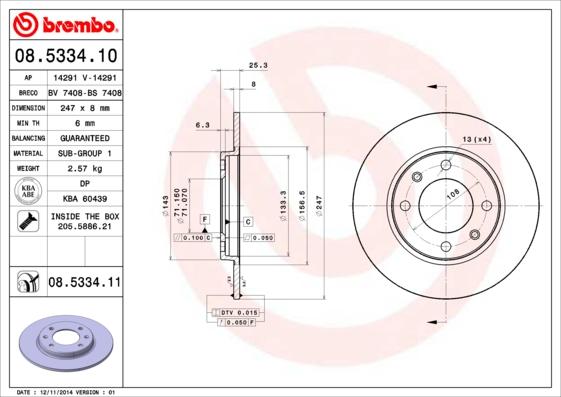 Brembo 08.5334.10 - Bremžu diski adetalas.lv