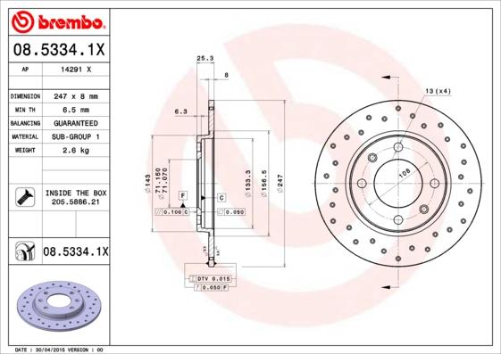 Brembo 08.5334.1X - Bremžu diski adetalas.lv