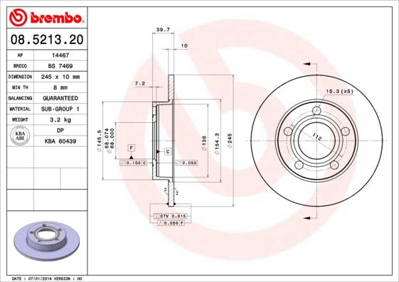 Brembo 08.5213.20 - Bremžu diski adetalas.lv