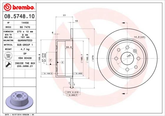 Brembo 08.5748.10 - Bremžu diski adetalas.lv